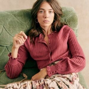 Sezane Louis Ruffle Sleeve Cardigan in Rosewood Pink Merino Wool